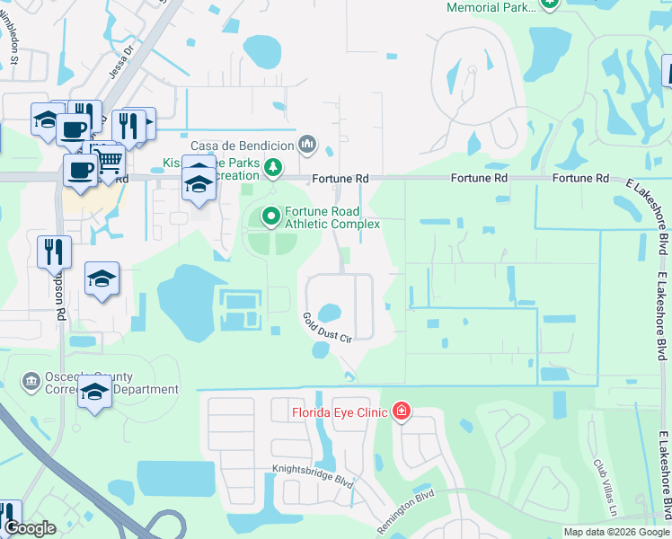map of restaurants, bars, coffee shops, grocery stores, and more near 2601 Gold Dust Circle in Kissimmee