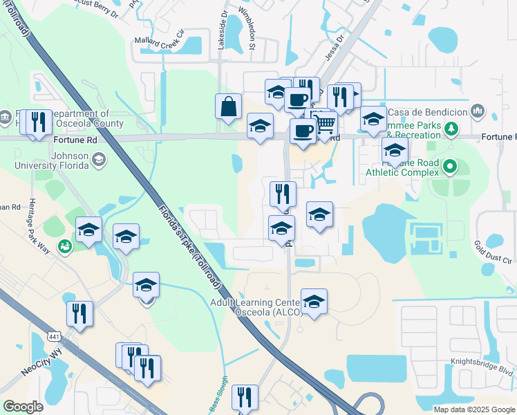 map of restaurants, bars, coffee shops, grocery stores, and more near 824 Country Crossing Court in Kissimmee