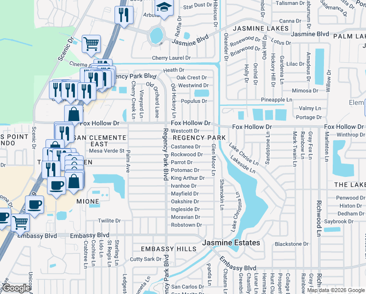 map of restaurants, bars, coffee shops, grocery stores, and more near 7264 Castanea Drive in Port Richey