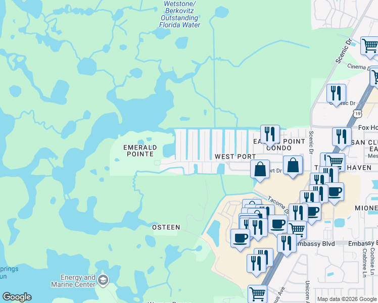 map of restaurants, bars, coffee shops, grocery stores, and more near 9827 San Sebastian Way in Port Richey