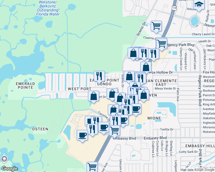 map of restaurants, bars, coffee shops, grocery stores, and more near 9991 Eagles Point Circle in Port Richey