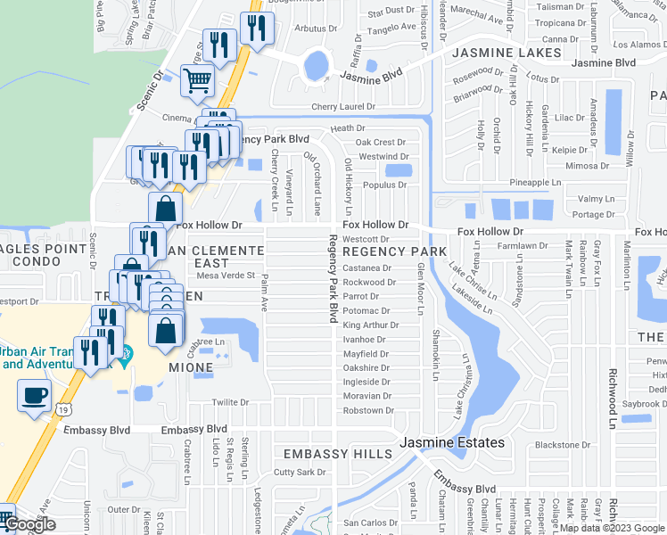 map of restaurants, bars, coffee shops, grocery stores, and more near 7199 Castanea Drive in Port Richey