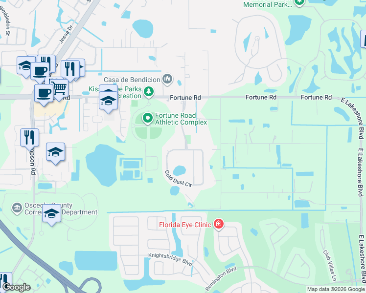 map of restaurants, bars, coffee shops, grocery stores, and more near 2601 Gold Dust Circle in Kissimmee