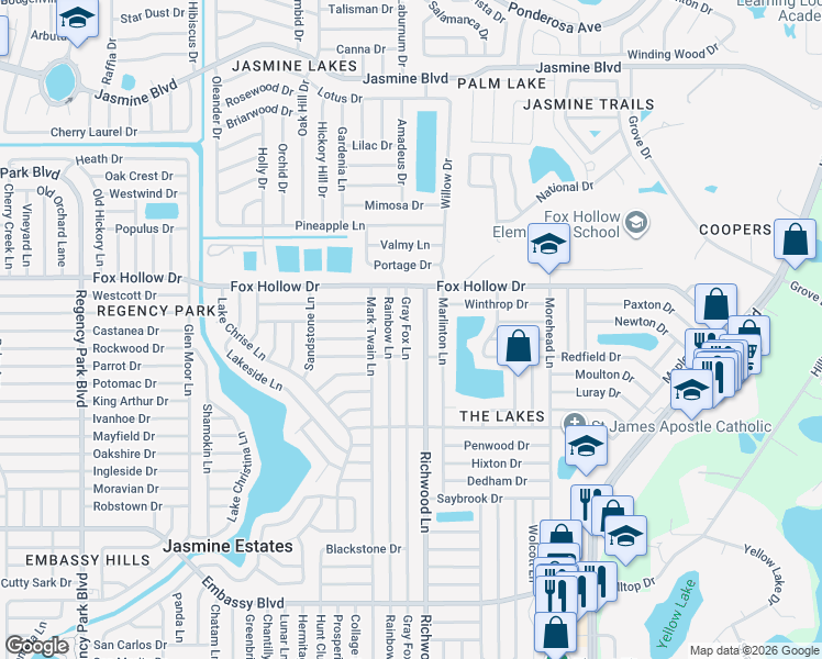 map of restaurants, bars, coffee shops, grocery stores, and more near 9830 Gray Fox Lane in Port Richey