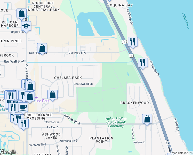 map of restaurants, bars, coffee shops, grocery stores, and more near 277 Tunbridge Dr in Rockledge