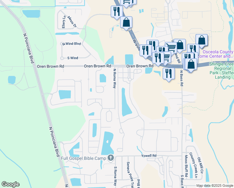 map of restaurants, bars, coffee shops, grocery stores, and more near 840 Las Fuentes Drive in Kissimmee