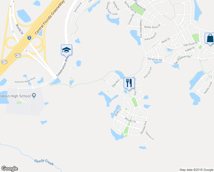 map of restaurants, bars, coffee shops, grocery stores, and more near 1420 Celebration Avenue in Celebration