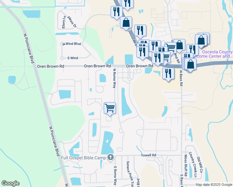 map of restaurants, bars, coffee shops, grocery stores, and more near 840 Las Fuentes Drive in Kissimmee