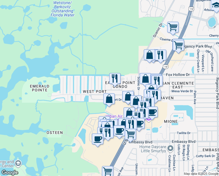 map of restaurants, bars, coffee shops, grocery stores, and more near 9831 Aquarius Drive in Port Richey