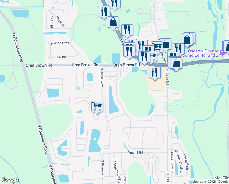 map of restaurants, bars, coffee shops, grocery stores, and more near 1090 Marcello Boulevard in Kissimmee