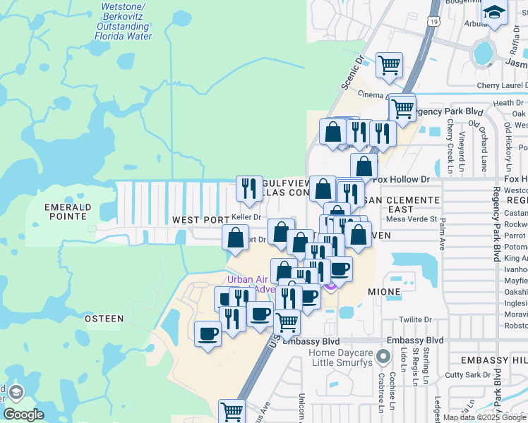map of restaurants, bars, coffee shops, grocery stores, and more near 9991 Eagles Point Circle in Port Richey