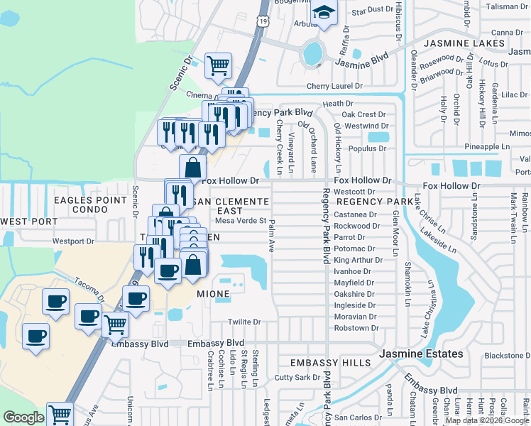 map of restaurants, bars, coffee shops, grocery stores, and more near 6932 Altavista Street in Port Richey