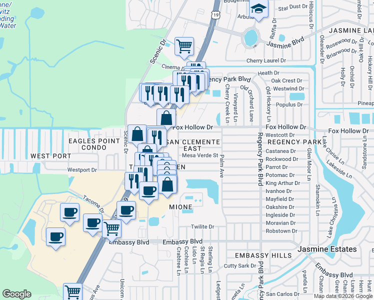 map of restaurants, bars, coffee shops, grocery stores, and more near 6740 Altavista Street in Port Richey