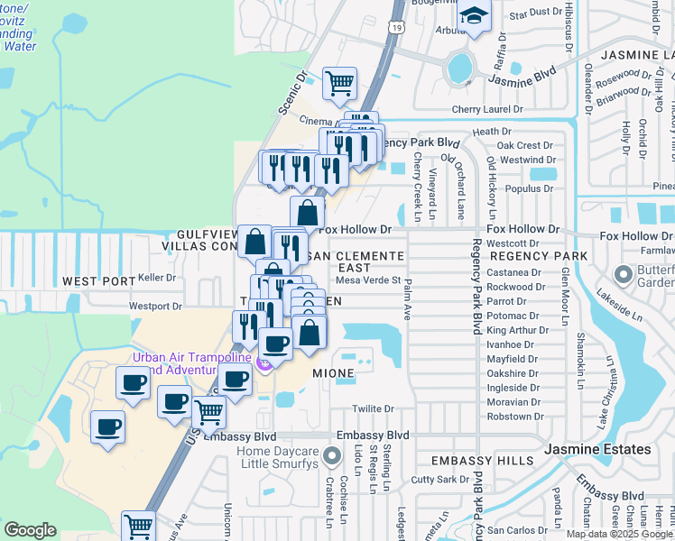 map of restaurants, bars, coffee shops, grocery stores, and more near 6740 Altavista Street in Port Richey