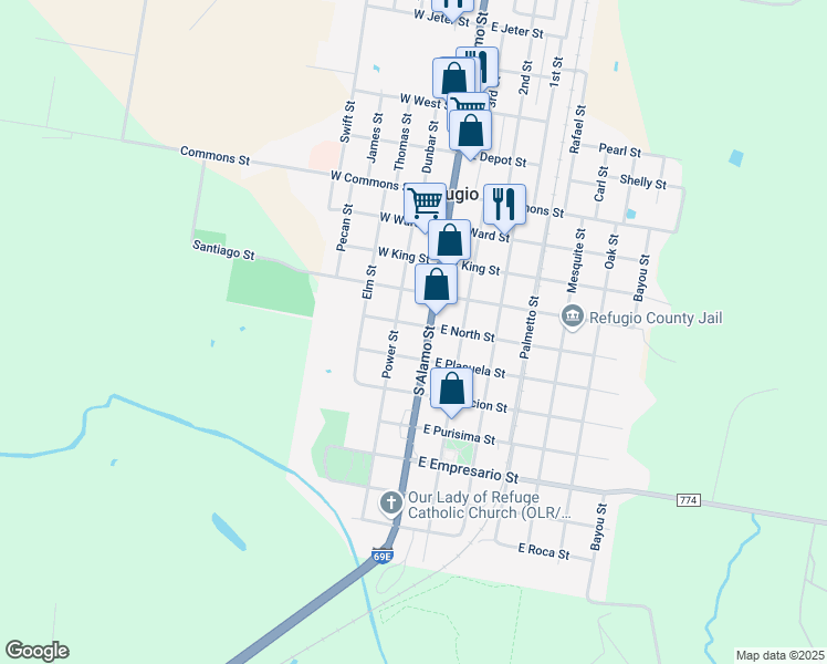 map of restaurants, bars, coffee shops, grocery stores, and more near 105 West North Street in Refugio