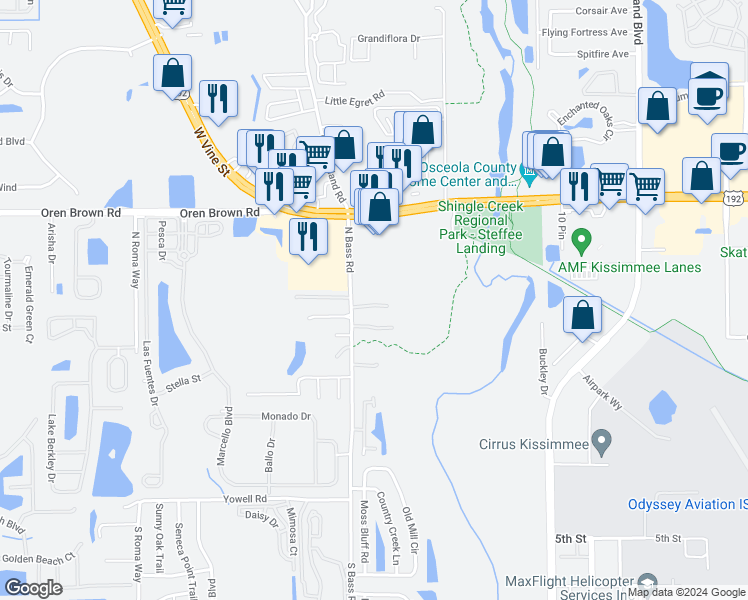 map of restaurants, bars, coffee shops, grocery stores, and more near 4349 Paradise Cove Court in Kissimmee