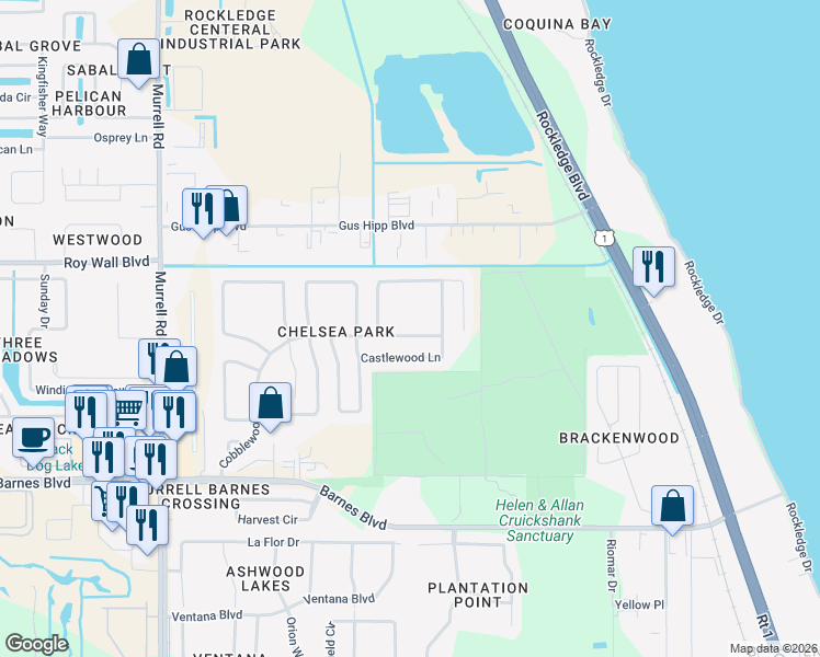 map of restaurants, bars, coffee shops, grocery stores, and more near 370 Cobblewood Drive in Rockledge
