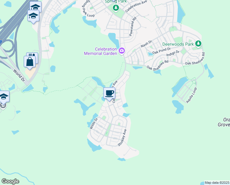 map of restaurants, bars, coffee shops, grocery stores, and more near 1180 Lutyens Lane in Celebration
