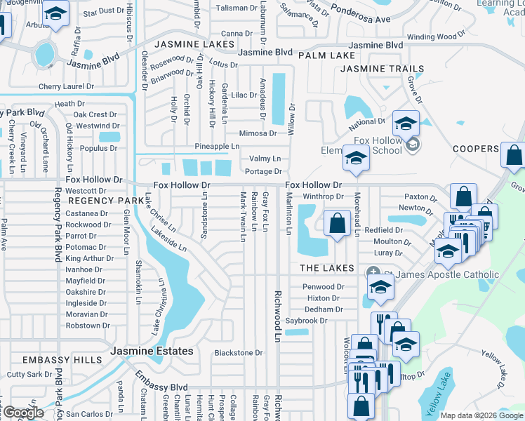 map of restaurants, bars, coffee shops, grocery stores, and more near 9830 Gray Fox Lane in Port Richey