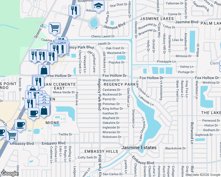 map of restaurants, bars, coffee shops, grocery stores, and more near 7301 Castanea Drive in Port Richey