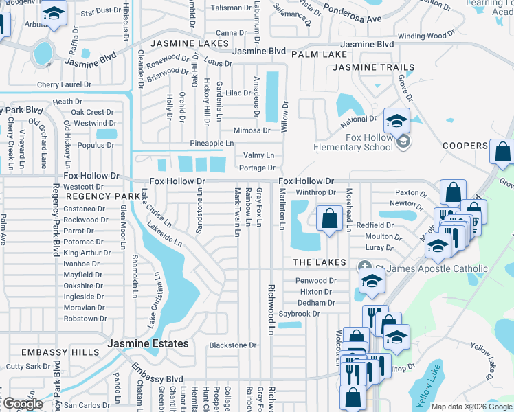 map of restaurants, bars, coffee shops, grocery stores, and more near 9830 Gray Fox Lane in Port Richey