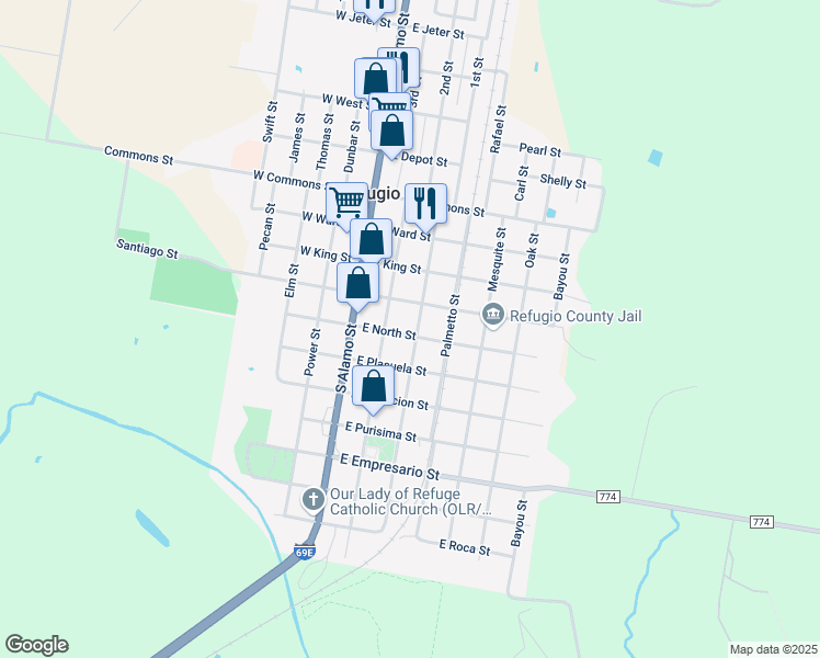 map of restaurants, bars, coffee shops, grocery stores, and more near 412 Osage Street in Refugio