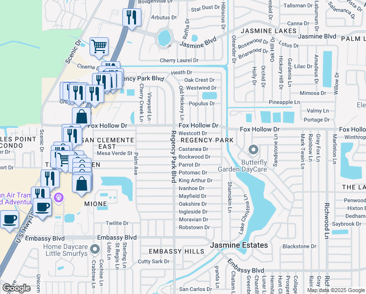 map of restaurants, bars, coffee shops, grocery stores, and more near 7221 Castanea Drive in Port Richey