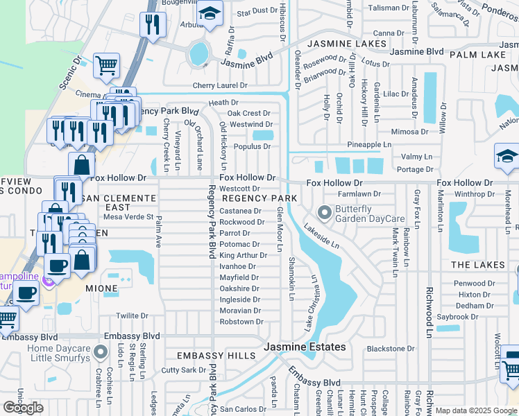 map of restaurants, bars, coffee shops, grocery stores, and more near 7321 Castanea Drive in Port Richey