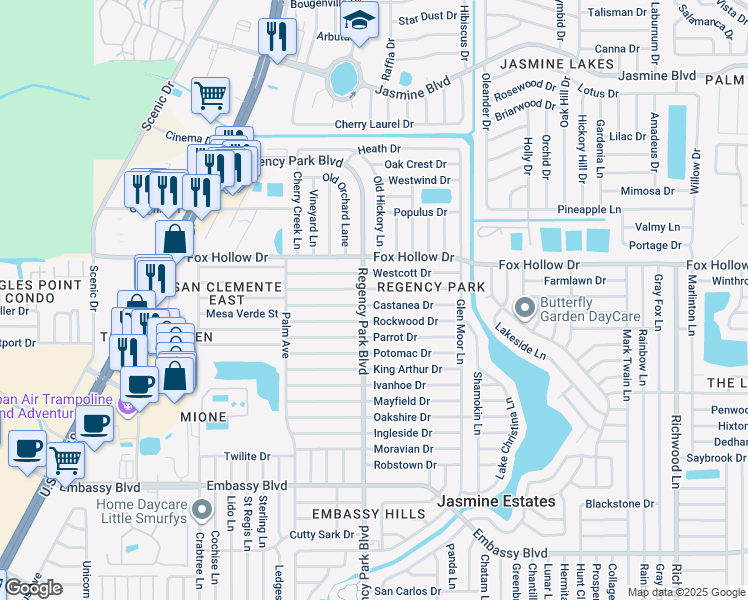 map of restaurants, bars, coffee shops, grocery stores, and more near 7221 Castanea Drive in Port Richey