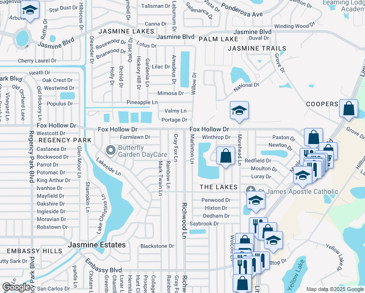 map of restaurants, bars, coffee shops, grocery stores, and more near 9830 Gray Fox Lane in Port Richey