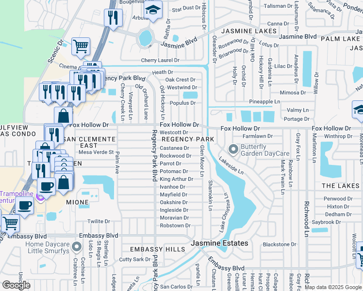 map of restaurants, bars, coffee shops, grocery stores, and more near 7321 Castanea Drive in Port Richey
