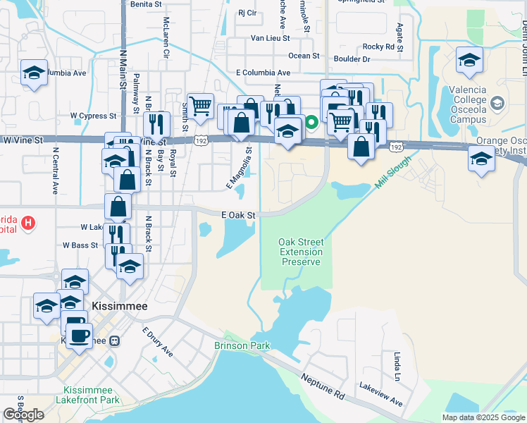 map of restaurants, bars, coffee shops, grocery stores, and more near 1000 Kevstin Drive in Kissimmee
