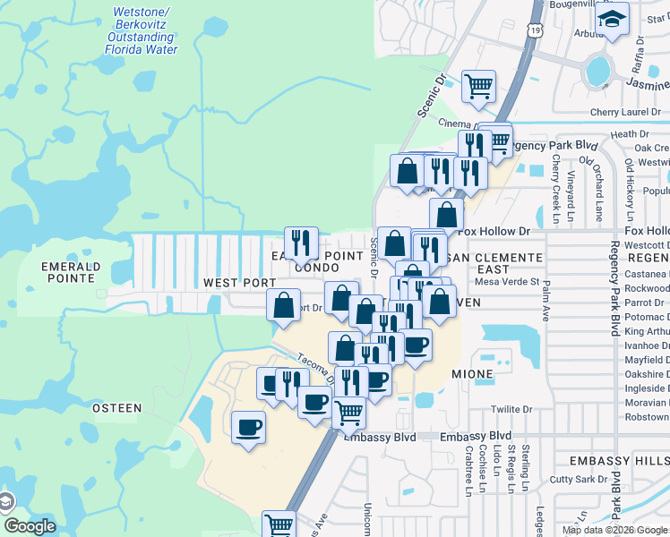 map of restaurants, bars, coffee shops, grocery stores, and more near 6401 Drexel Drive in Port Richey