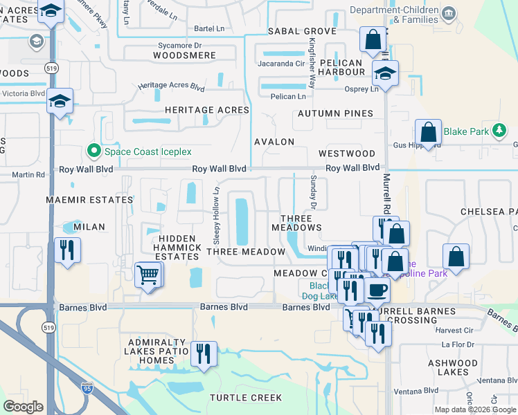 map of restaurants, bars, coffee shops, grocery stores, and more near 1216 Golden Pond Lane in Rockledge
