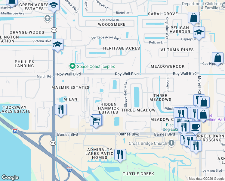 map of restaurants, bars, coffee shops, grocery stores, and more near 1218 Rolling Meadows Drive in Rockledge