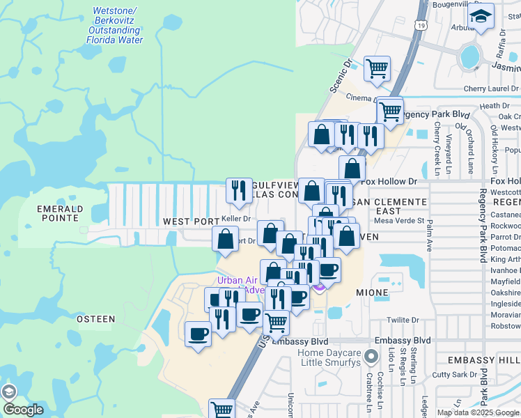 map of restaurants, bars, coffee shops, grocery stores, and more near 9991 Eagles Point Circle in Port Richey