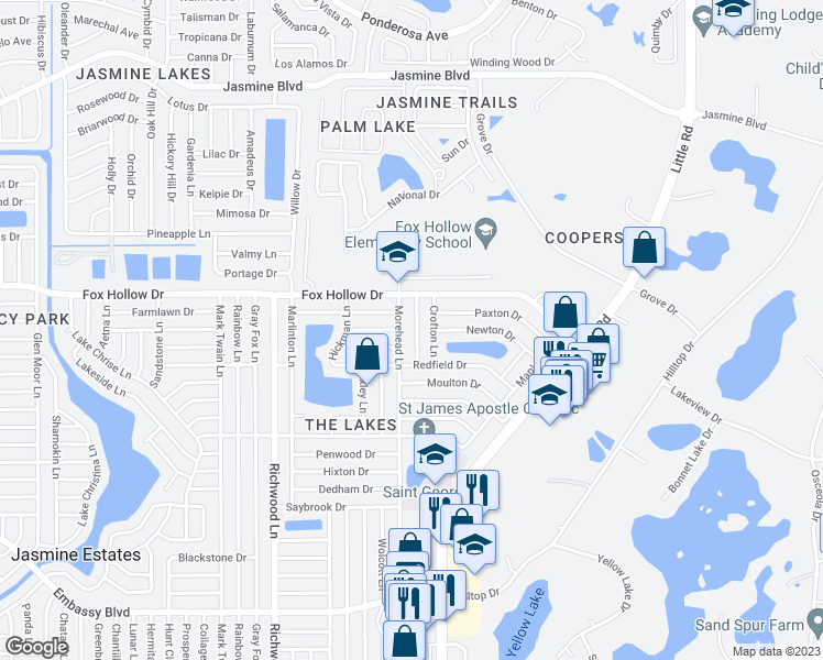 map of restaurants, bars, coffee shops, grocery stores, and more near 9847 Woodstock Lane in Port Richey