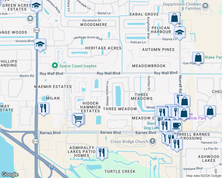 map of restaurants, bars, coffee shops, grocery stores, and more near 1214 Sugar Creek Lane in Rockledge
