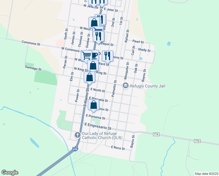map of restaurants, bars, coffee shops, grocery stores, and more near 412 Osage Street in Refugio