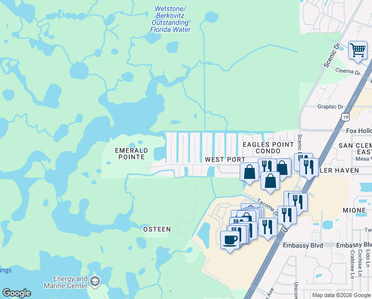 map of restaurants, bars, coffee shops, grocery stores, and more near 9827 San Sebastian Way in Port Richey