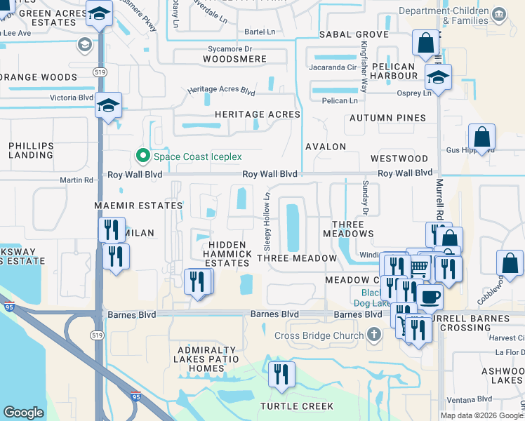 map of restaurants, bars, coffee shops, grocery stores, and more near 1237 Sleepy Hollow Lane in Rockledge
