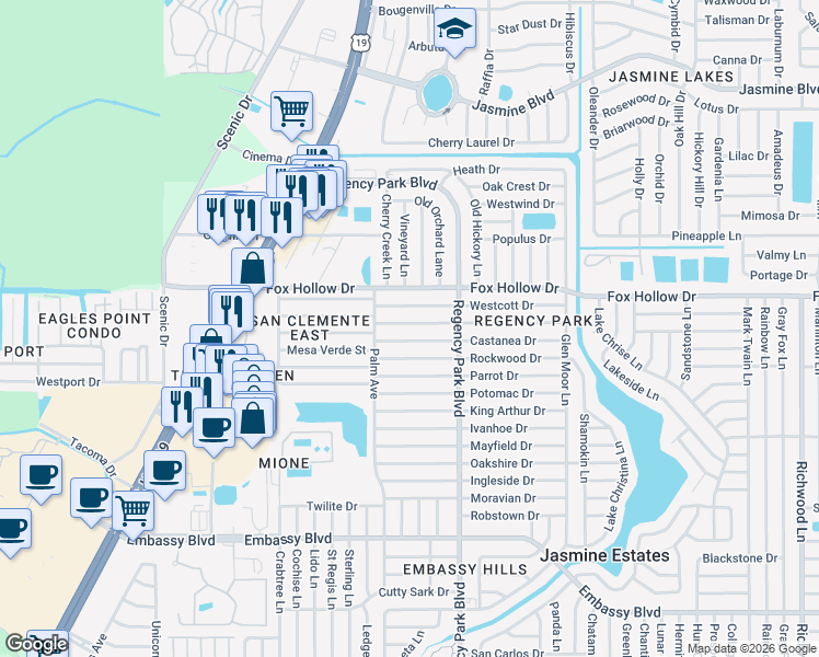 map of restaurants, bars, coffee shops, grocery stores, and more near 7034 Brentwood Drive in Port Richey