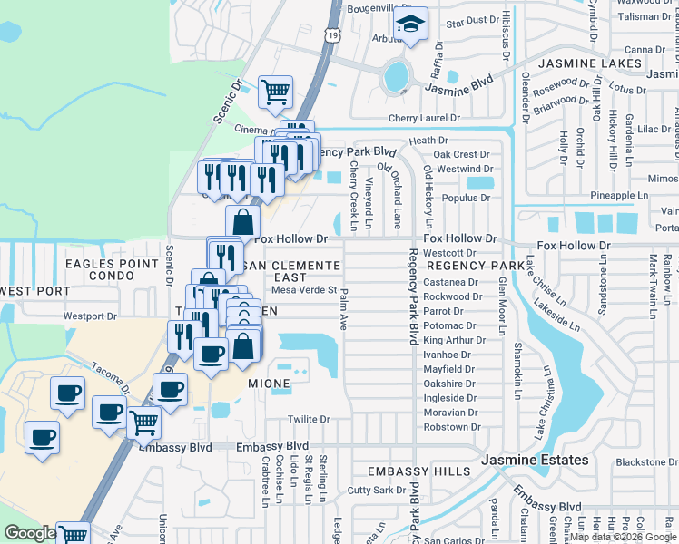 map of restaurants, bars, coffee shops, grocery stores, and more near 6932 Altavista Street in Port Richey
