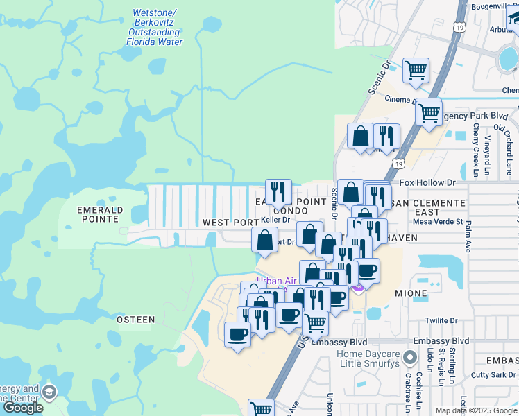 map of restaurants, bars, coffee shops, grocery stores, and more near 9900 Grace Drive in Port Richey