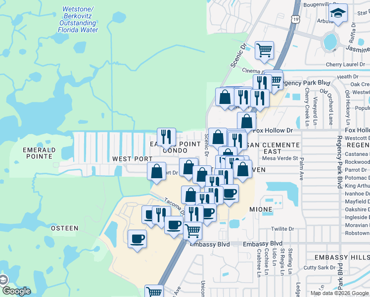 map of restaurants, bars, coffee shops, grocery stores, and more near 9826 Lehigh Drive in Port Richey