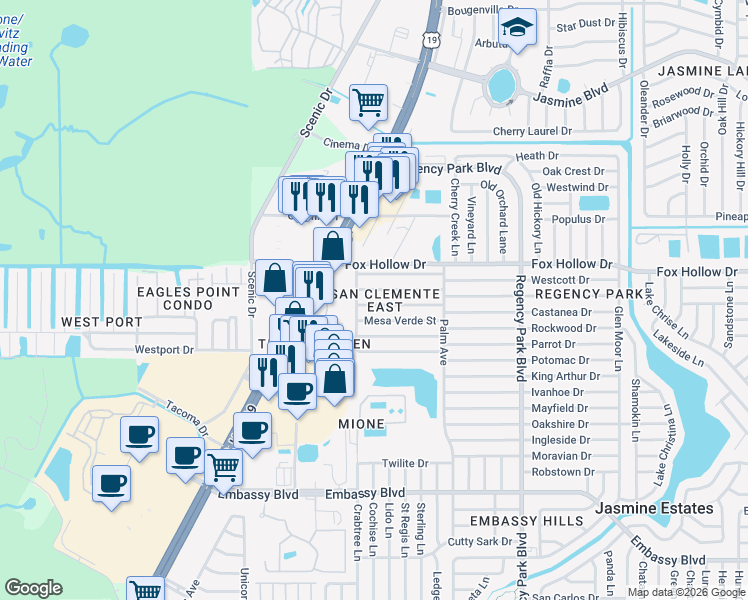 map of restaurants, bars, coffee shops, grocery stores, and more near 6740 Altavista Street in Port Richey