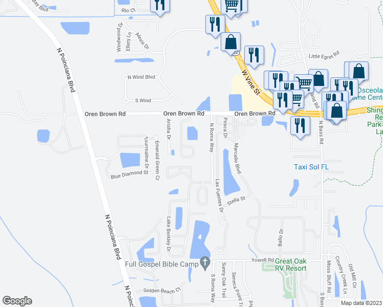 map of restaurants, bars, coffee shops, grocery stores, and more near 1060 Seasons Boulevard in Kissimmee