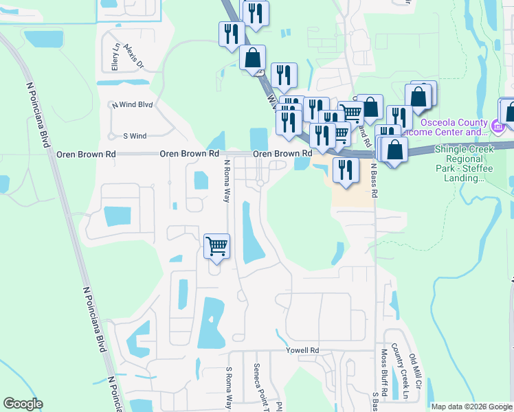 map of restaurants, bars, coffee shops, grocery stores, and more near 1120 Marcello Boulevard in Kissimmee