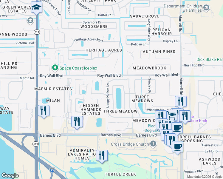map of restaurants, bars, coffee shops, grocery stores, and more near 1214 Sugar Creek Lane in Rockledge