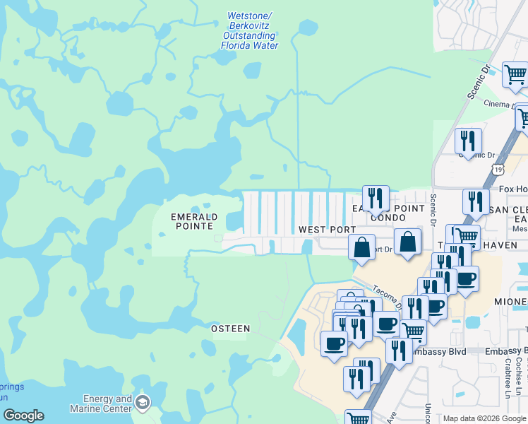 map of restaurants, bars, coffee shops, grocery stores, and more near 9827 San Sebastian Way in Port Richey